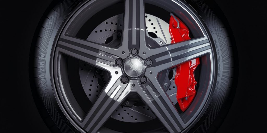 Car wheel with red breaks on black background.